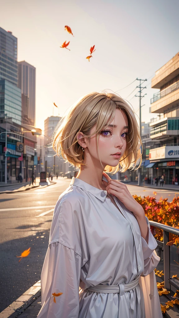 
masterpiece,best quality,1girl,face,short hair,wind,looking at viewer,citybeautiful girl wearin in oversized clothes points her finger at the viewer, long blonde hair, (upper body:1.2), autumn leaves, outdoors, volumetric light, cinematic, golden hour, natural lighting, natural lighting