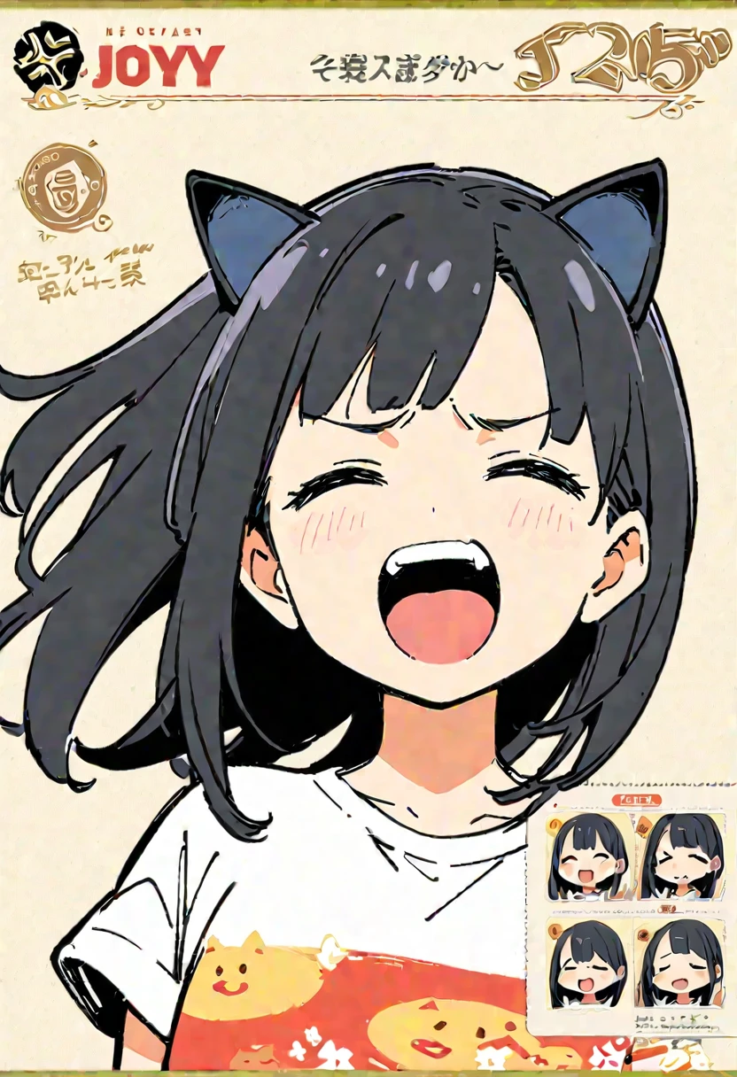 (Thick painting style),Thick line drawing, ((masterpiece,)),(((Highest quality))),(sketch),((Girls in their 20s)),Short black hair,Black cat ears,T-Shirts,jeans,(((Character design sheet,Joy, anger, sorrow, and happiness,Character Portrait,Full Art)))