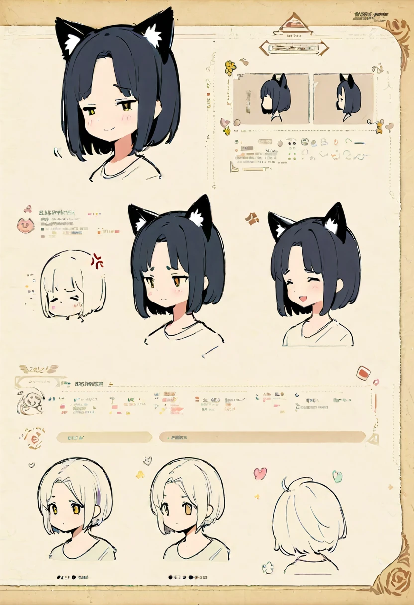 (Thick painting style),Thick line drawing, ((masterpiece,)),(((Highest quality))),(sketch),((Girls in their 20s)),Short black hair,Black cat ears,T-Shirts,jeans,(((Character design sheet,Joy, anger, sorrow, and happiness,Character Portrait,Full Art)))
