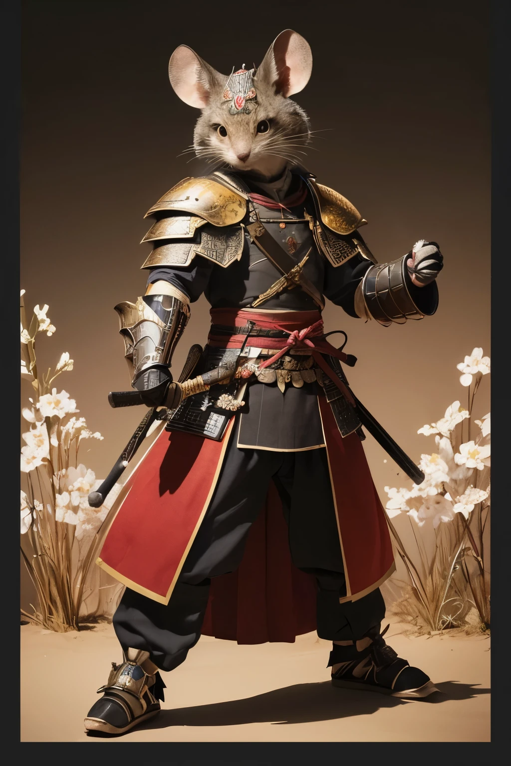 Create a highly detailed illustration of a realistic mouse with an anthropomorphic body, dressed as a traditional Japanese samurai warrior. The mouse should have a lifelike face with whiskers, sharp eyes, and realistic fur texture. The body should be fully armored in traditional samurai armor, including a kabuto (helmet), menpo (facial armor), do (breastplate), kote (armored sleeves), sode (shoulder guards), and suneate (shin guards). The armor should feature intricate designs, such as clan emblems and traditional Japanese patterns. The mouse warrior should be in a dynamic and heroic pose, holding a katana with a determined expression. The background should include elements of feudal Japan, such as a Japanese castle, cherry blossom trees, or a battlefield, to enhance the historical and cultural setting. The overall scene should be epic and detailed, capturing the essence of a fierce samurai warrior.