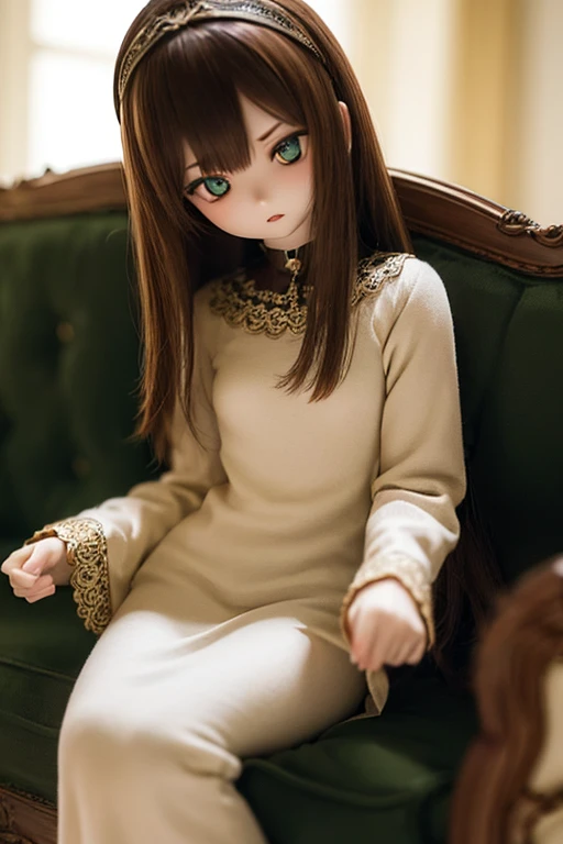 photorealistic, realistic photo, ((highest quality)), ((masterpiece)), kukolnydom, doll, (mature woman:1.6), solo, ((eye level shot, sitting on sofa, reclining on sofa, skinny, slender, slim, brown hair, parted lips)), hairband, detailed face, green eyes, (looking down:1.3), (eyes out of focus, emotionless eyes, blank stare, empty eyes, detailed eyes), blouse, castle, 8k