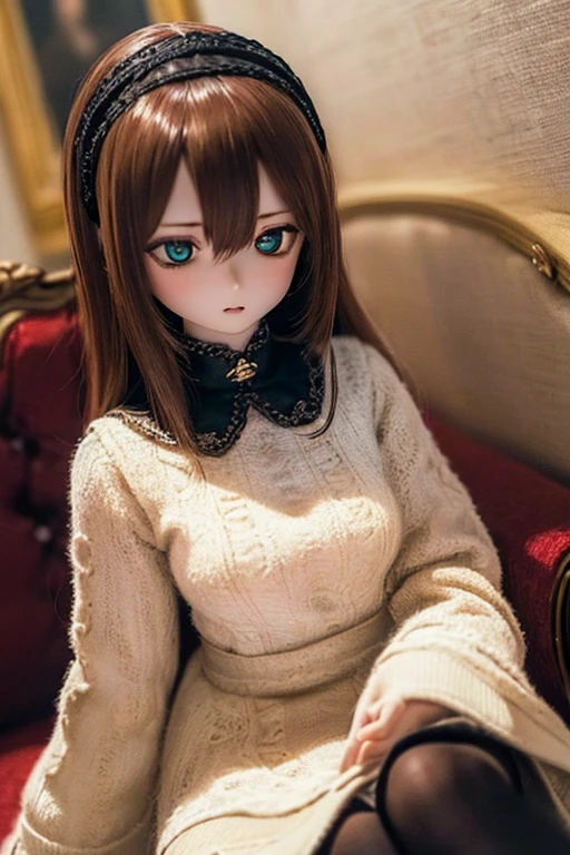 photorealistic, realistic photo, ((highest quality)), ((masterpiece)), kukolnydom, doll, (mature woman:1.6), solo, ((eye level shot, sitting on sofa, reclining on sofa, skinny, slender, slim, brown hair, parted lips)), hairband, detailed face, green eyes, (looking down:1.3), (eyes out of focus, emotionless eyes, blank stare, empty eyes, detailed eyes), blouse, castle, 8k