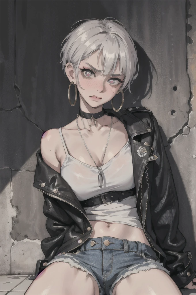 (masterpiece:1.2, best quality), (1lady, solo, upper body:1.2), Hair: buzz cut, Clothing: oversized, distressed denim jacket with patches and pins, paired with black skinny jeans and combat boots, Accessories: silver hoop earrings and a black choker necklace, Hanging out in an underground music venue or street art exhibit, (stare at viewer with stern eyes:1.5),(bitting own lip:1.1),(angry:0.9),nose blush,(shamefull:1.2), surprised