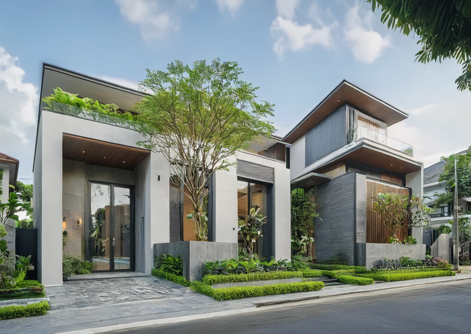 modern townhouse on street, (daylight), tropical tree, vivid color, streetcapes, nice sky, grey tone, large glass door, warm interior lighting, modern material, best quality, ultra realistic, masterpiece,