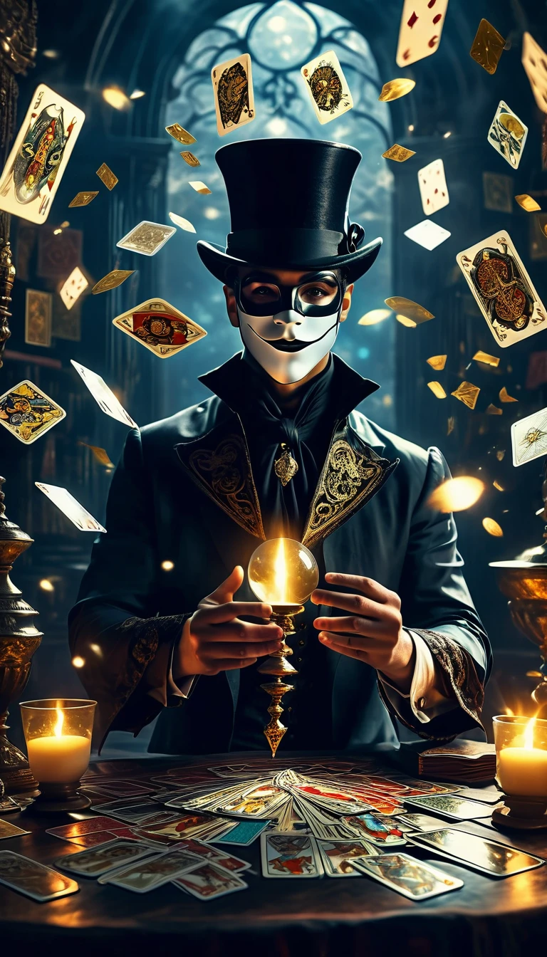 a magician wearing a mask, tarot cards floating in the air, mystical fantasy scene, detailed magical effects, ethereal lighting, dramatic composition, cinematic atmosphere, dark fantasy, moody colors, dramatic lighting, rich textures, chiaroscuro, intricate details, hyper-realistic, high definition, 8k, photorealistic, masterpiece, award-winning digital art