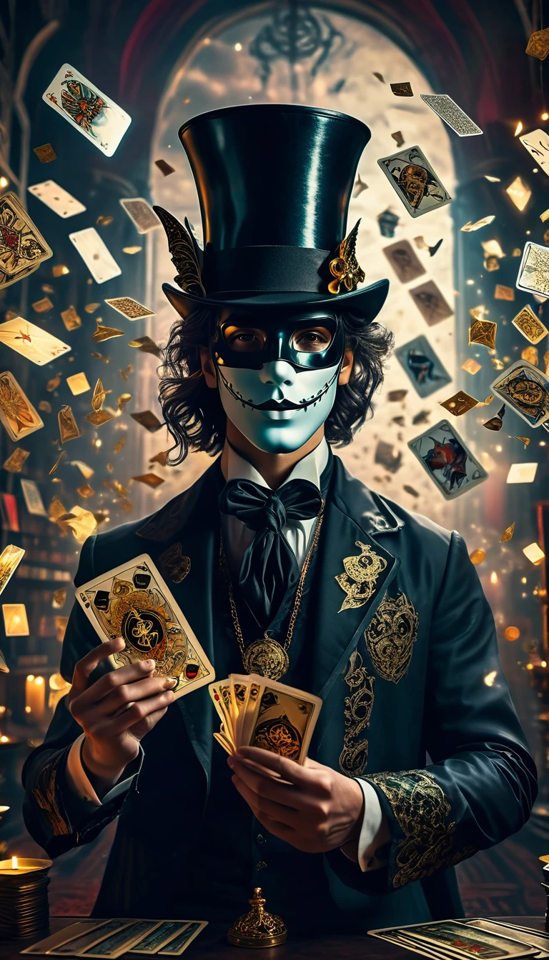 a magician wearing a mask, tarot cards floating in the air, mystical fantasy scene, detailed magical effects, ethereal lighting, dramatic composition, cinematic atmosphere, dark fantasy, moody colors, dramatic lighting, rich textures, chiaroscuro, intricate details, hyper-realistic, high definition, 8k, photorealistic, masterpiece, award-winning digital art