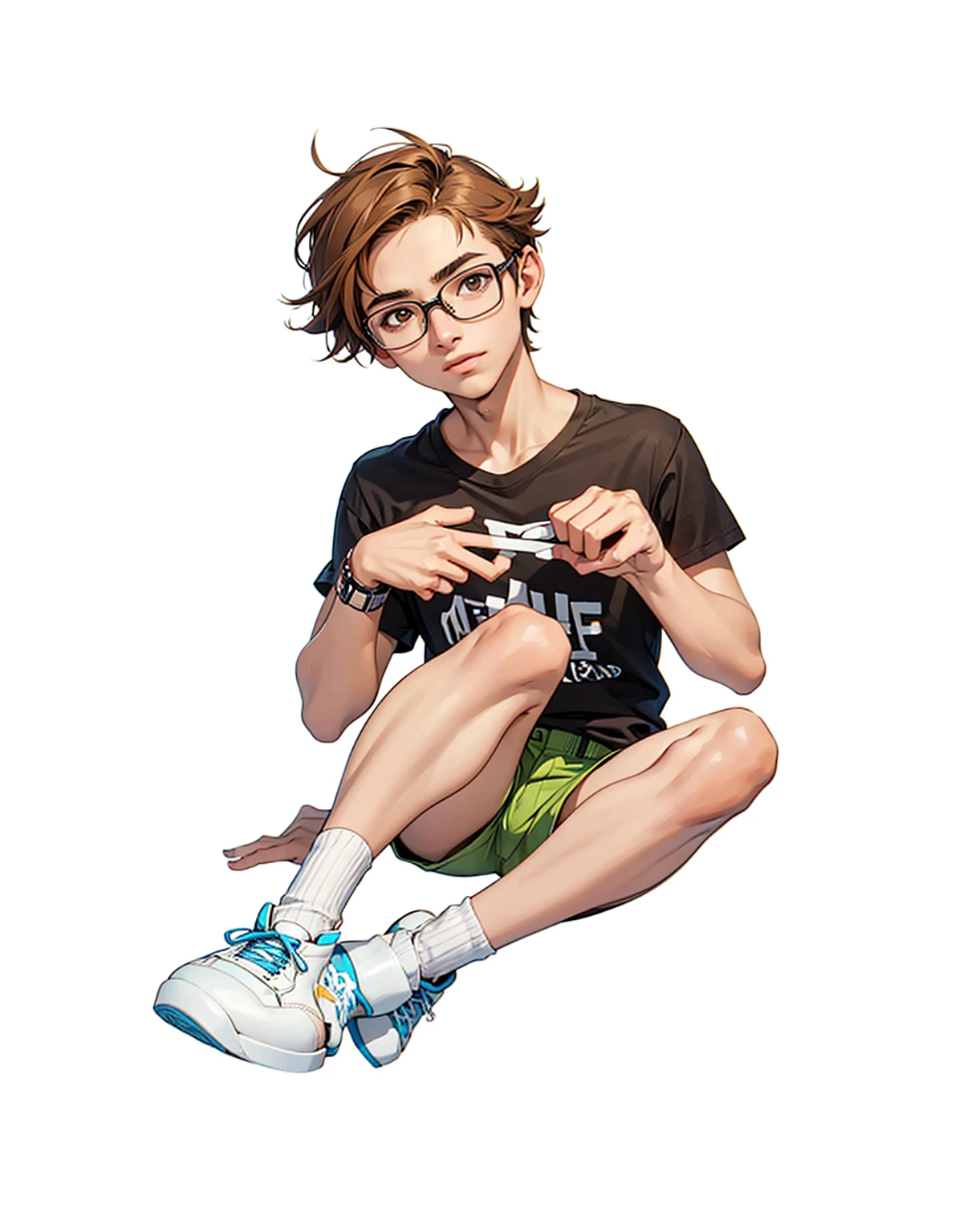 punk girl with glasses and a dark shirt, blurred green grass and trees in the background, short brown hair, detailed face, sitting with her feet in the air high quality, high resolution
