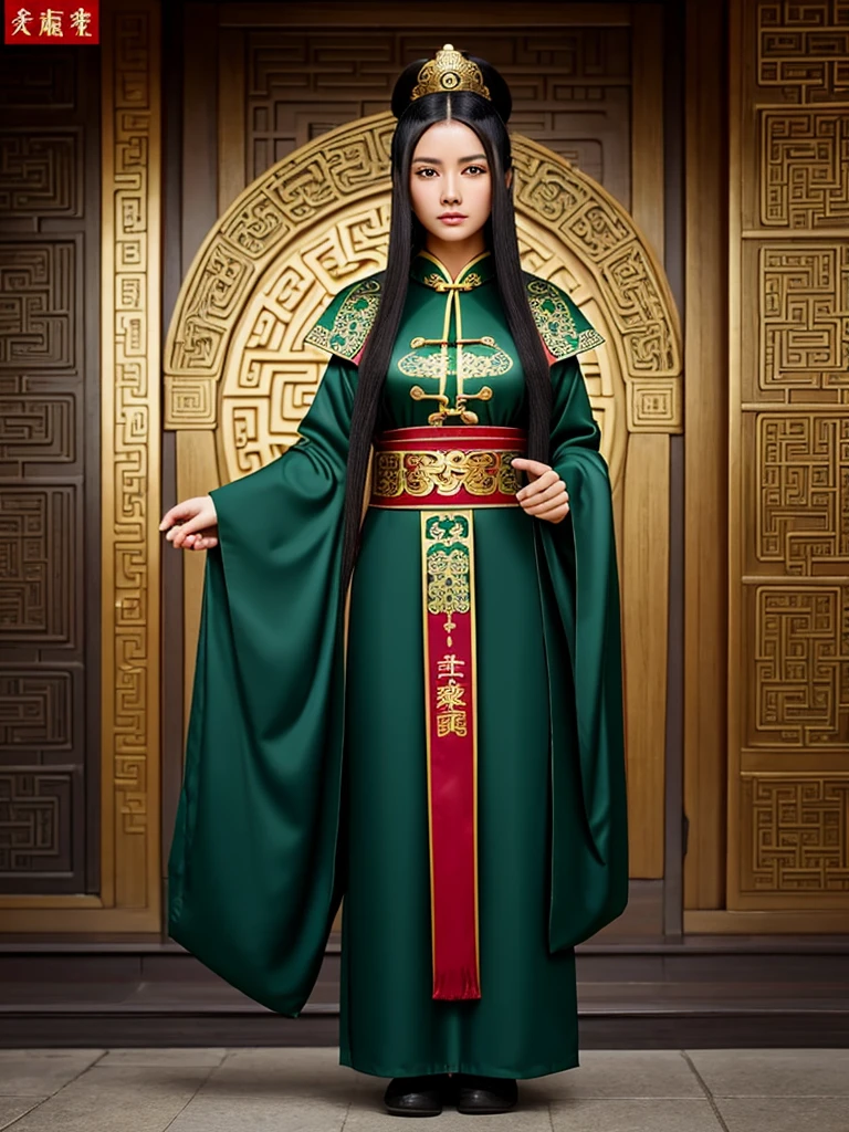 Adult female, strong, green eyes, long black hair, ancient mix morden hair, resolute eyes, complex green Taoist Taoist uniform, outfit ancient mix morden, gorgeous accessories, masterpiece, ancient Chinese, front portrait, full body, blank background