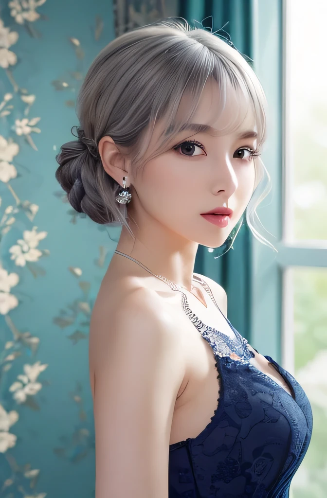 Blue lace tong&OK, (((Very elegant and beautiful, Perfect details, Very detailed))), whole body, The most detailed girl, Writing border depth, Beautifully detailed whole body, Thin legs, 1 girl, 30 years old, Very short hair, Spiked Hair, Gray and Silver Hair, Beautiful and fine hair, Perfect face, Poker face, Delicate and deep eyes, Open your mouth a little, Slender arms and hands, Pale skin, earrings, Beautiful and gorgeous necklace, Colored background, HD Background, Blurred background, Very refined, masterpiece, (((Best quality, Very beautiful 8K CG wallpaper))), (((Popular hairstyles))), (In the room,Stylish interior,window),
