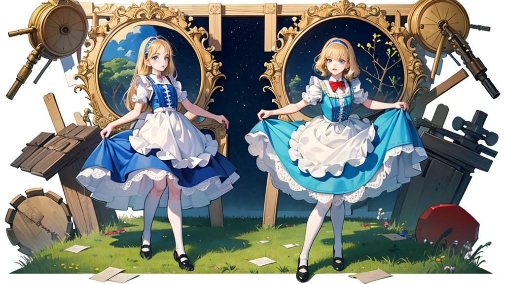 masterpiece, Highest quality, Portraiture, 1 Girl, (Alice in Wonderland:1.2), Blue clothes, White apron, Blonde, blue eyes, Usagi, Trump, Tea cup, White lace thigh high socks, Miniskirt lift, Half Body, Dynamic pose