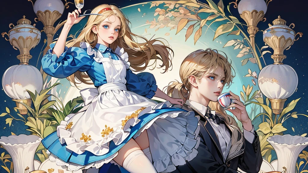 masterpiece, Highest quality, Portraiture, 1 Girl, (Alice in Wonderland:1.2), Blue clothes, White apron, Blonde, blue eyes, Usagi, Trump, Tea cup, White lace thigh high socks, Miniskirt lift, Half Body, Dynamic pose