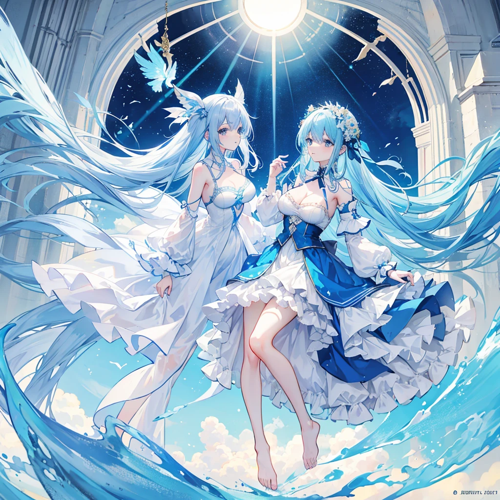 light blue hair,blue eyes,Apricot color,평볌한 human의눈,human,Medieval fantasy dress with a mixture of sky blue and white,Frills decorated at the end of the dress,female,C cup,92.1,bare foot,It always seems like bright, sunny sunshine, but that&#39;s why it quickly gets dark due to murder or something like that.,Meadow Background