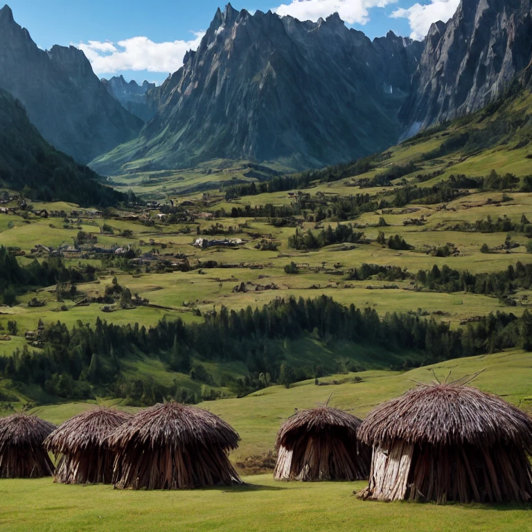 nature, Open Field, alta fantasia, Dark Fantasy, Some primitive tribal dwellings