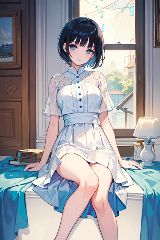 ((Highest quality)), ((masterpiece)), (Familiar), Illustration Style,Perfect Face,1 Girl,Black Hair,Short Hair,Glowing Skin,big, Bright Blue Eyes,Beautiful Bangs,Small breasts,Super Beauty,woman,,White underwear,Beautiful clothes,