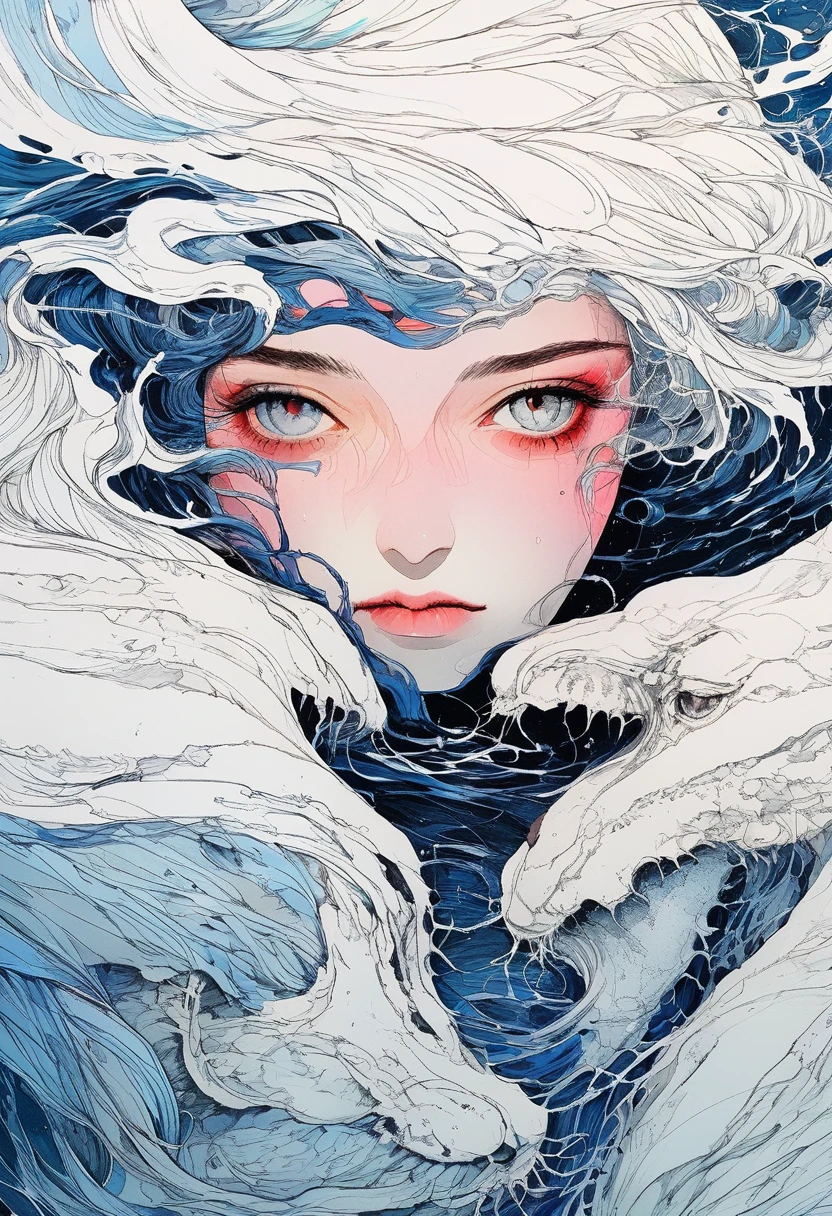 Chiaroscuro technique in elegant oldies illustrations , Wet Hair, Vintage, Creepy, Matte Paint, Hannah Dale, By Harumi Hironaka, Very soft color, Vibrant, Very detailed, Digital illustration , High Contrast, dramatic, Sophisticated, tone, emotional expression, Golden Ratio