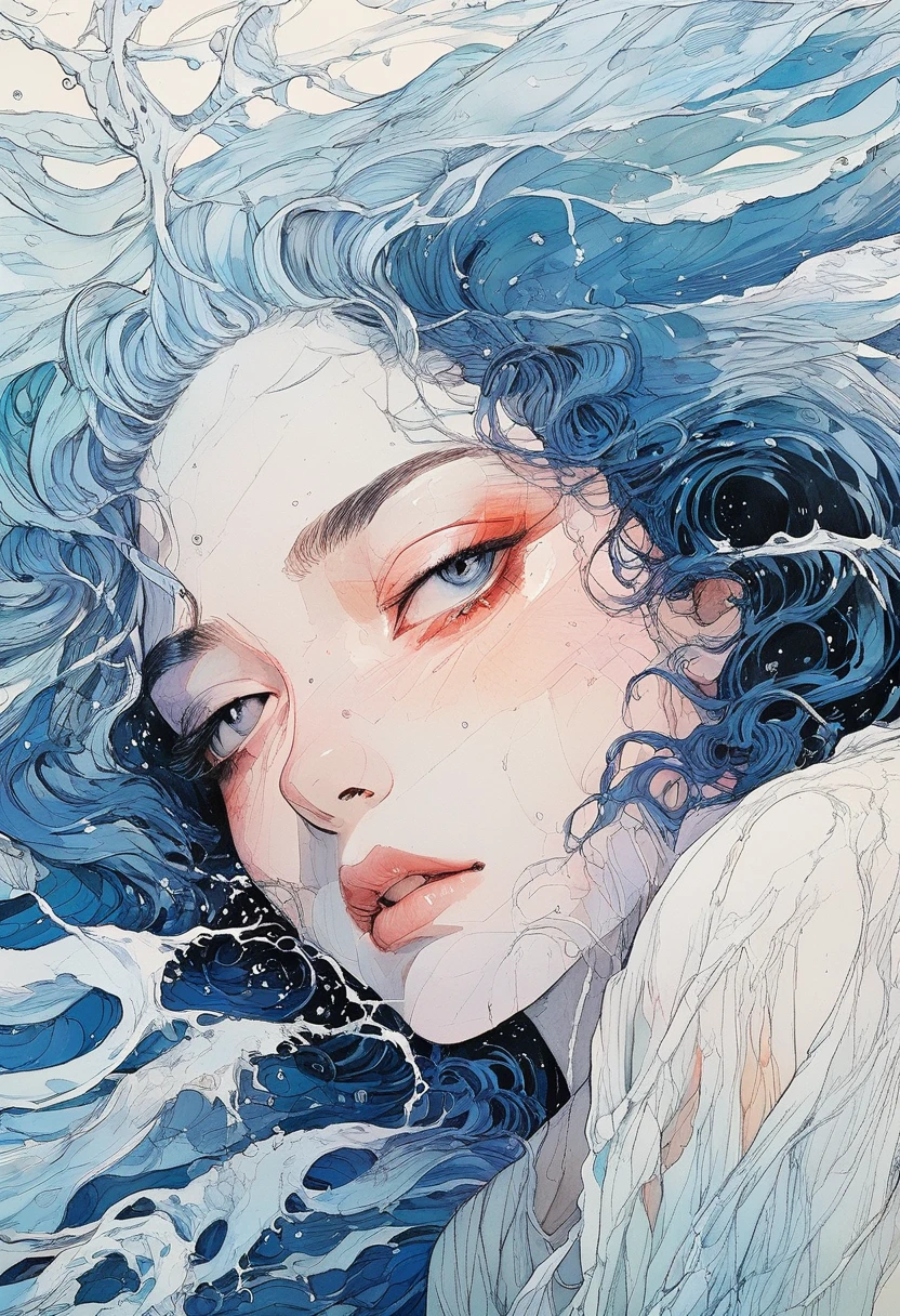 Chiaroscuro technique in elegant oldies illustrations , Wet Hair, Vintage, Creepy, Matte Paint, Hannah Dale, By Harumi Hironaka, Very soft color, Vibrant, Very detailed, Digital illustration , High Contrast, dramatic, Sophisticated, tone, emotional expression, Golden Ratio