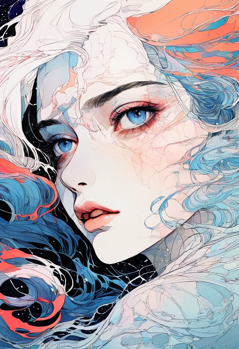 Chiaroscuro technique in elegant oldies illustrations , Wet Hair, Vintage, Creepy, Matte Paint, Hannah Dale, By Harumi Hironaka, Very soft color, Vibrant, Very detailed, Digital illustration , High Contrast, dramatic, Sophisticated, tone, emotional expression, Golden Ratio