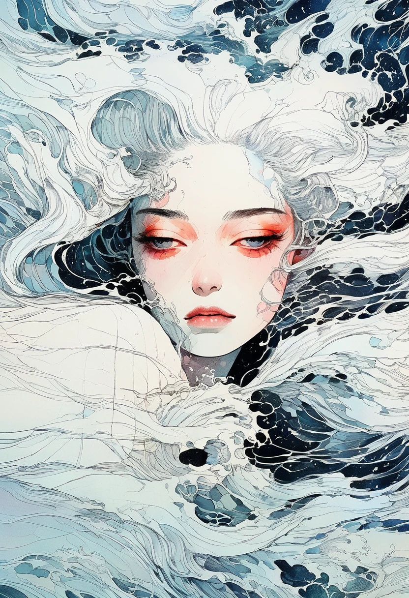 Chiaroscuro technique in elegant oldies illustrations , Wet Hair, Vintage, Creepy, Matte Paint, Hannah Dale, By Harumi Hironaka, Very soft color, Vibrant, Very detailed, Digital illustration , High Contrast, dramatic, Sophisticated, tone, emotional expression, Golden Ratio
