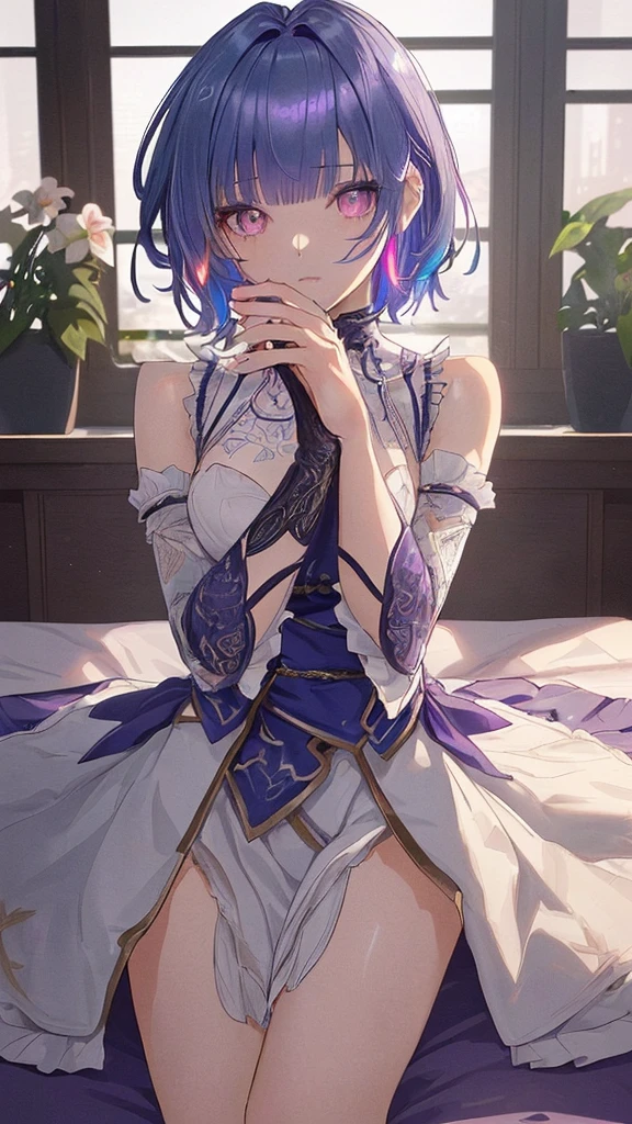 (((very detailed:1.3))), Intricate iris details, attractive eye reflection, stand out highlights, Pupil depth and three-dimensional effect, Subtle color changes in the iris, Even the details of the eyelashes are carefully finished.., Pupil depth and three-dimensional effect, ⓪Action:(arms behind head: 1.0), 足をlargeげる, lied, ①Quality:masterpiece, 8K, very detailed CG, very detailed, (((perfect hands:1.2))), (((complete anatomy:1.2))), 1 girl, beautiful face: 1.1, ②Lighting:bright lights, moody lighting, natural light, best lighting, Part 3: , beautiful breasts, shiny hair, floating hair, shining eyes, happy, detailed face, good eyes, Skin Detail ④ Style: Vigor, shape, (), ⑤Topic:(Toru Asakura: 1.3), (Short hair: 1.3), (split bangs: 1.3), (blue hair、gradient hair、colorful hair、split bangs、purple hair), ⑥Environment: bedroom,penthouse, suite room, large々double bed, (럭셔리 bedroom: 1.3), 7Architecture:whole body, looking at viewer, very large shot, from below, 9Other:(waiting for a kiss、tight waist、slim body、small head、body with seven heads, beautiful feet, The beauty of the scaffolding),she'I'm only wearing a big blouse,pussy,No panties,leaking semen