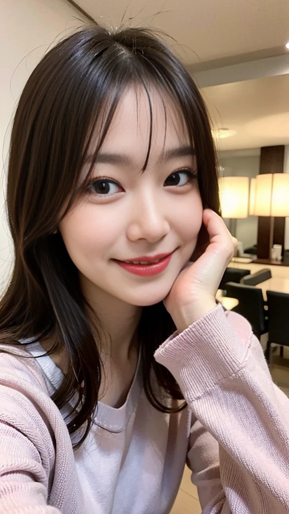 One Japanese woman、20-year-old woman、Look here with a smile、Indoors、Loungewear、Highest quality、high resolution、Detailed face and eyes、Bright lighting