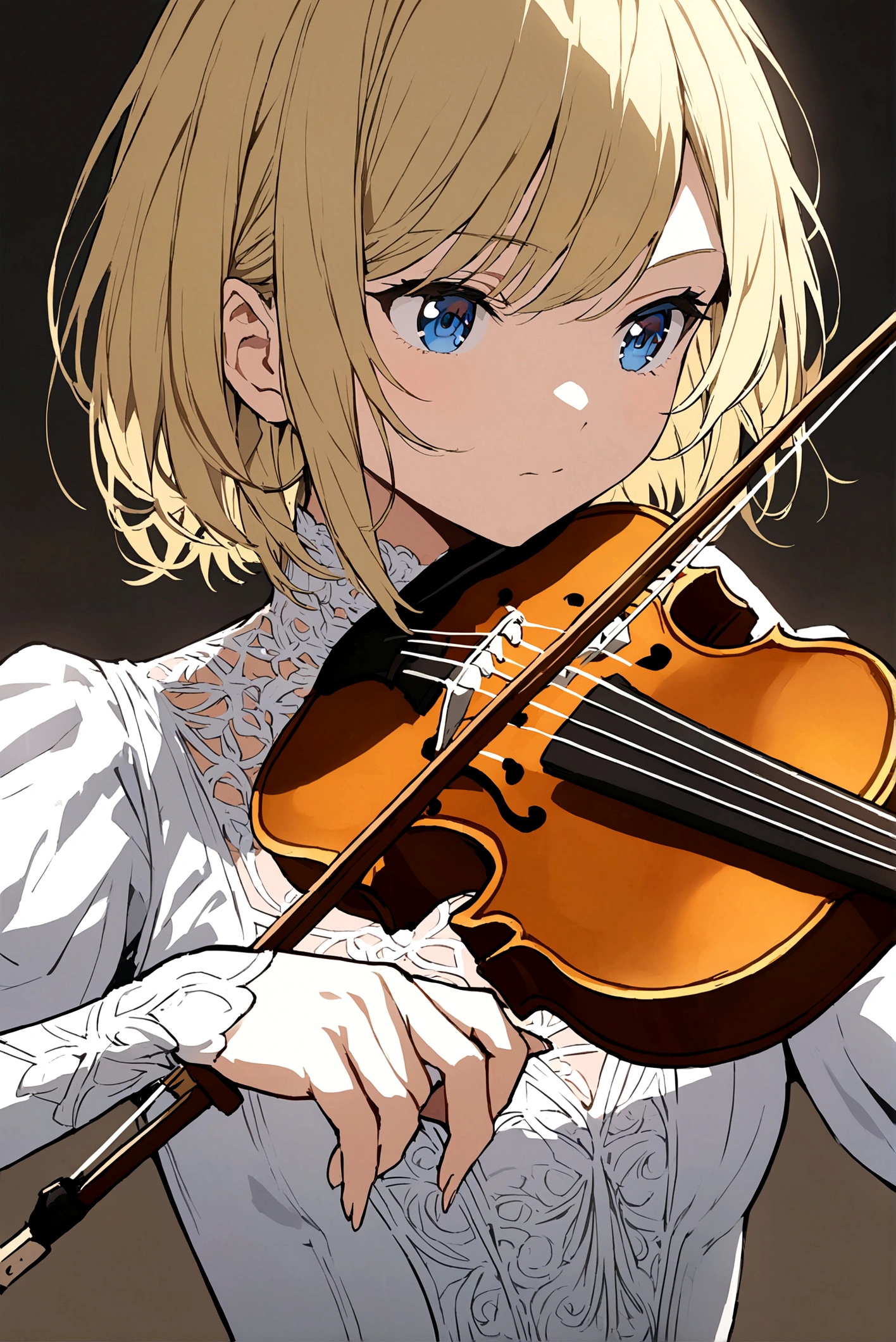 Anime girl with short blonde hair and blue eyes playing the violin with background music