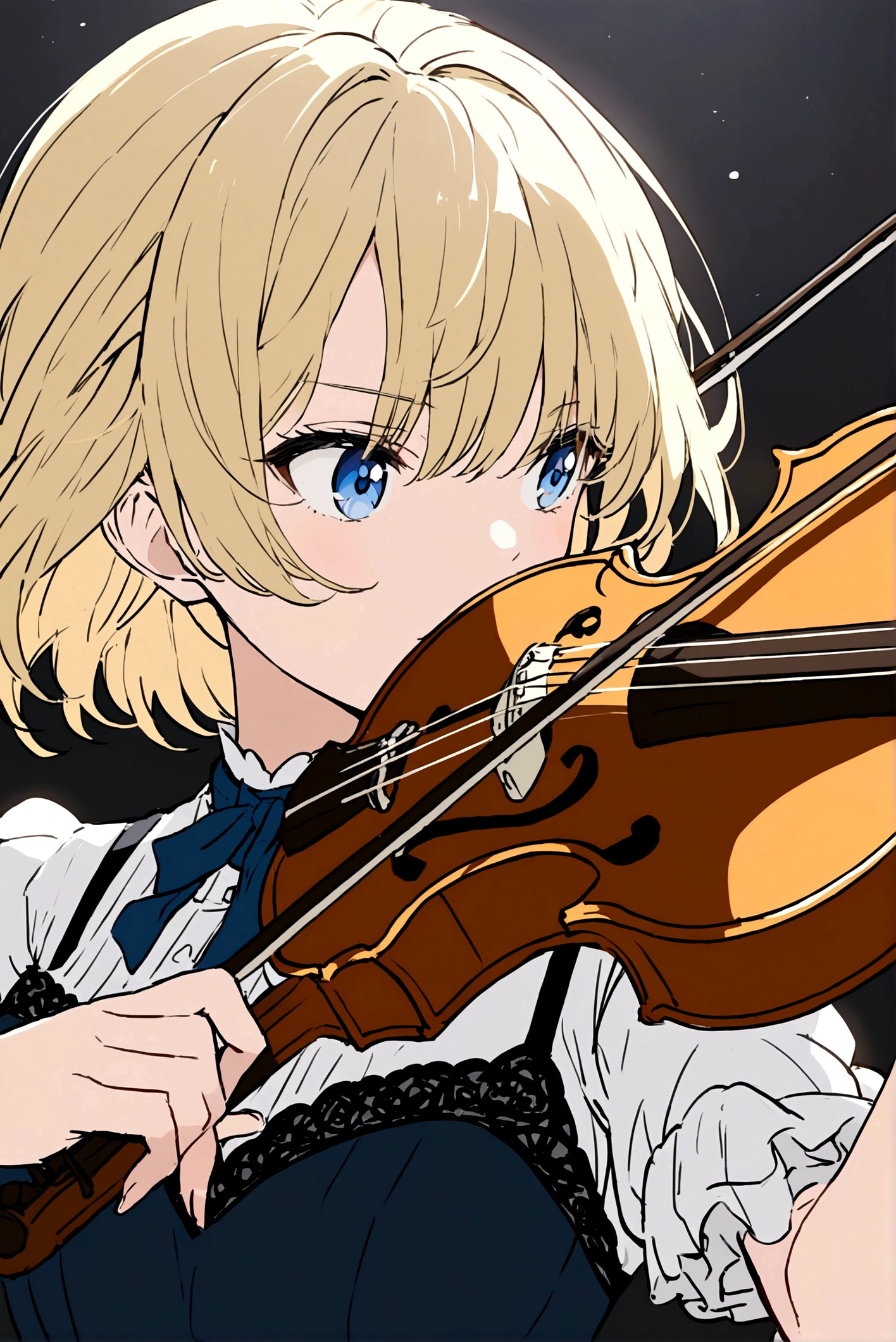 Anime girl with short blonde hair and blue eyes playing the violin with background music