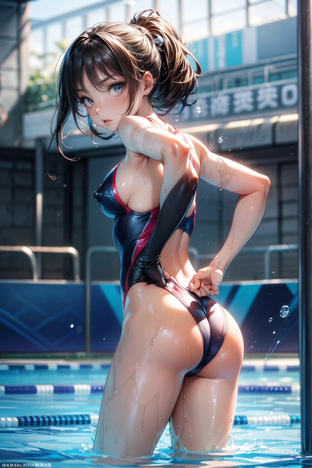 Photo of a 20 year old woman, Perfect Face, masterpiece, good, High leg competitive swimsuit、good, Dynamic Perspective、Jump into the pool、Splattering droplets、Serious face、Crouching Style、Olympic Swimming Venue、Nipple swelling、Pussy Cameltoe、View from the butt