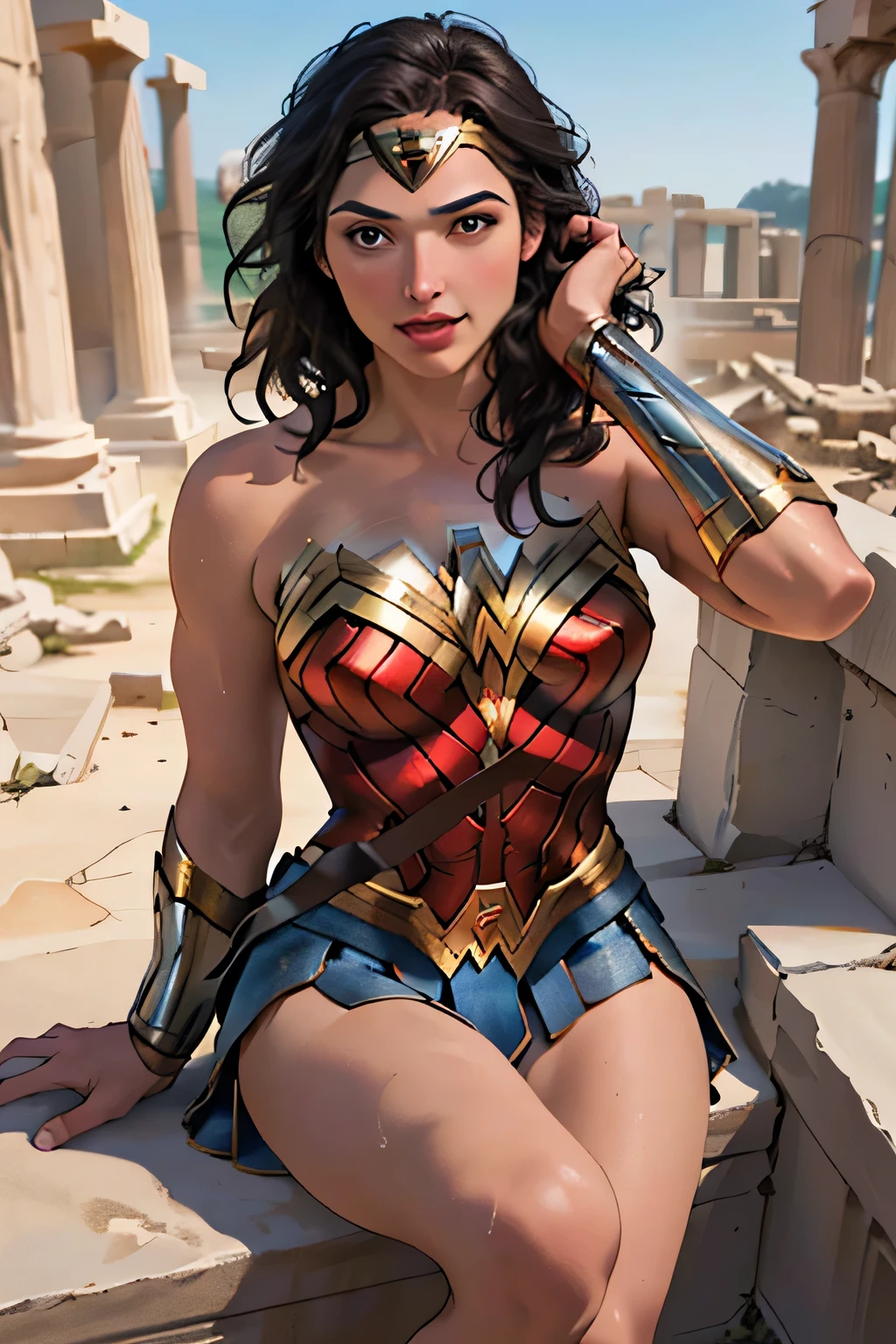 (masterpiece:1.3), (8K, Realistic, RAW Photos, Highest quality: 1.4), ((One Woman)), ((GAL GADOT, WONDER WOMAN)), Beautiful Face, (Realistic Face), Beautiful hairstyle, Realistic eyes, Beautiful details, (Realistic Skin), Beautiful Skin, Absurd, charm, Ultra-high resolution, Ultra-realistic, Very detailed, Golden Ratio, (Best Shadow), Cinematic, (Complex:1.4), (Accurate hand and finger depiction), smile, Sweat, Flushed, Voluptuous body, NSFW ((She is sitting in the ruins with her legs wide open, seducing me.)), ((Not wearing underwear, Opening her vagina with her fingers and showing it off)), ((real vagina)), BREAK ((Greek temple ruins)), (steam:1.2), cowboy shot