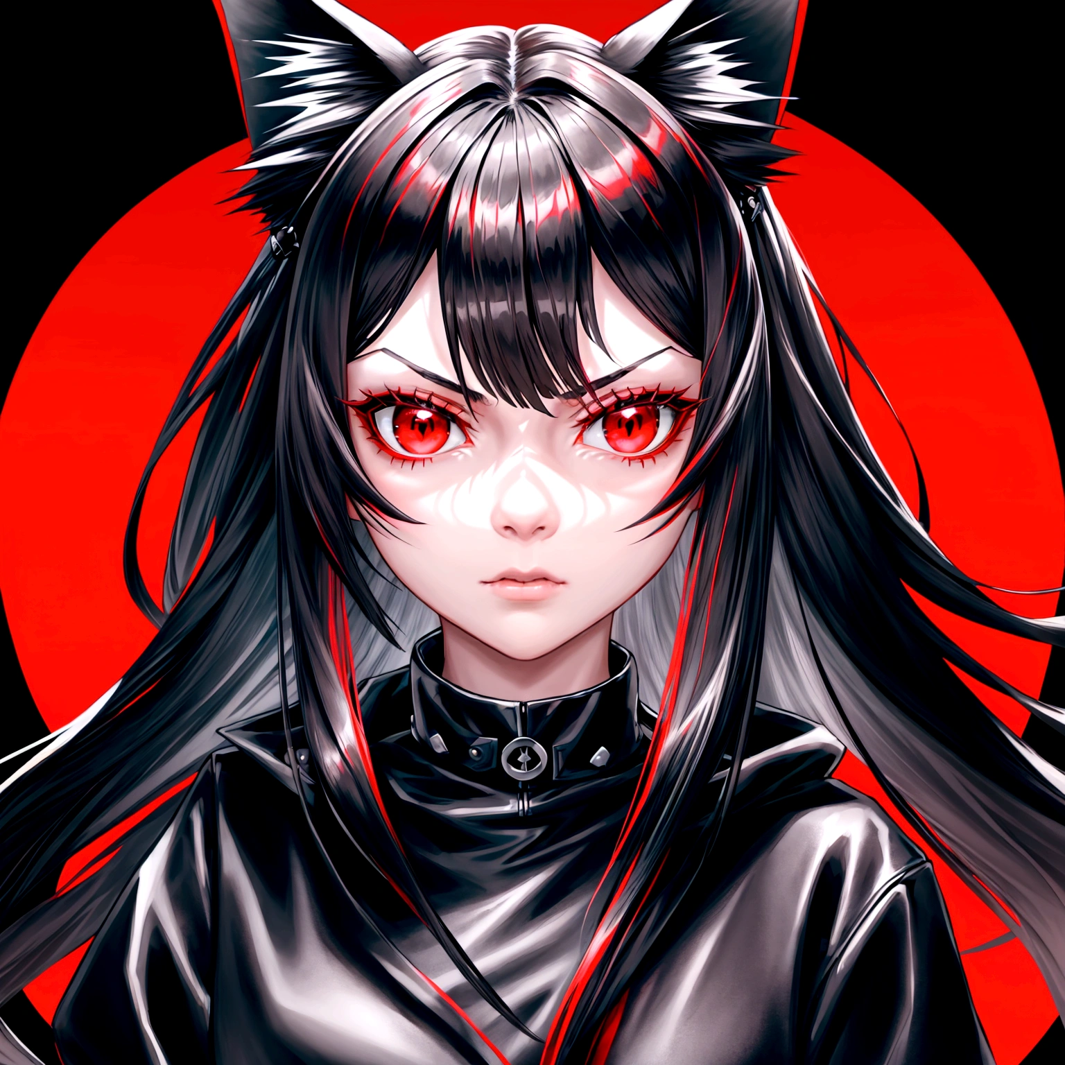 1 girl, beautiful face, cool, intimidation, red eye, long hair, dark gray hair, cat ear, black color jacket, red color t-shirt, nature place