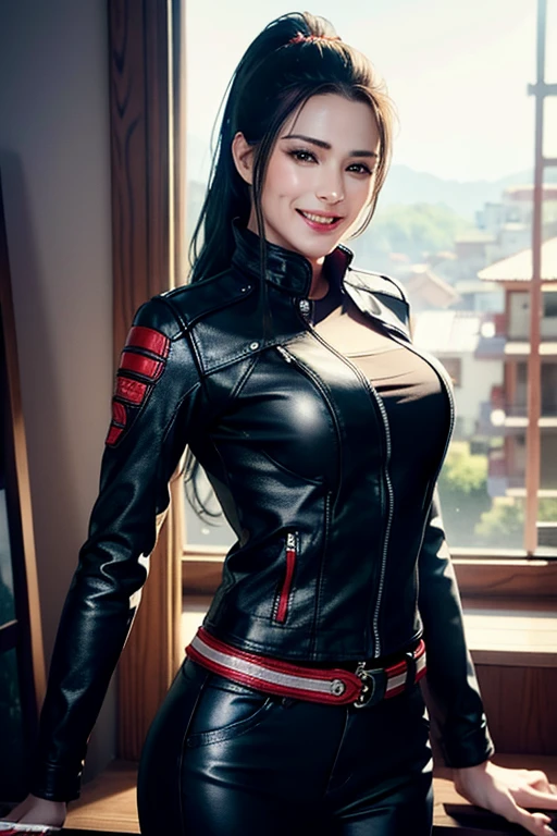 a gorgeous middle-aged busty woman, ponytail, leather jacket, lady bikers, motosport, beautiful smile showing teeth, pov, lover, cinematic lighting, (best quality,4k,8k,highres,masterpiece:1.2),ultra-detailed,(realistic,photorealistic,photo-realistic:1.37),HDR,UHD,studio lighting,ultra-fine painting,sharp focus,physically-based rendering,extreme detail description,professional,vivid colors,bokeh,portrait,photorealistic,cinematic,dramatic lighting