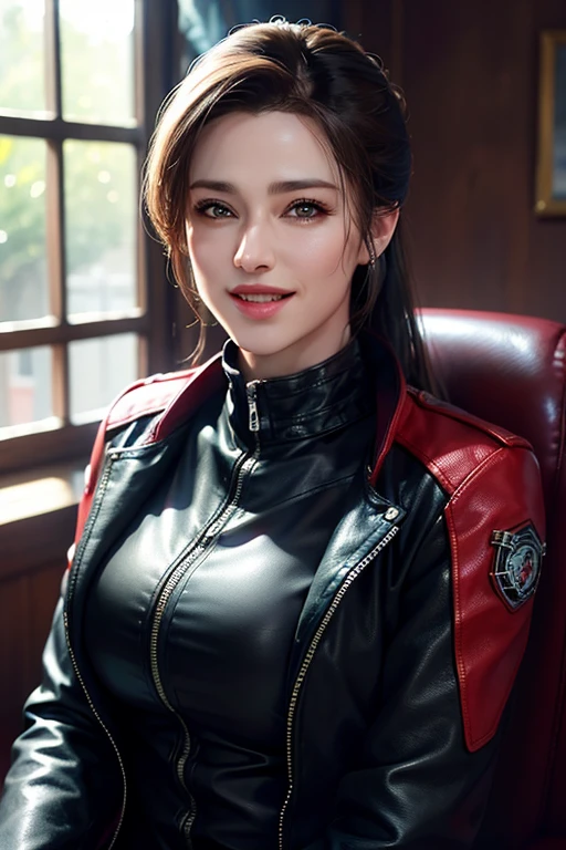 a gorgeous middle-aged busty woman, ponytail, leather jacket, lady bikers, motosport, beautiful smile showing teeth, pov, lover, cinematic lighting, (best quality,4k,8k,highres,masterpiece:1.2),ultra-detailed,(realistic,photorealistic,photo-realistic:1.37),HDR,UHD,studio lighting,ultra-fine painting,sharp focus,physically-based rendering,extreme detail description,professional,vivid colors,bokeh,portrait,photorealistic,cinematic,dramatic lighting