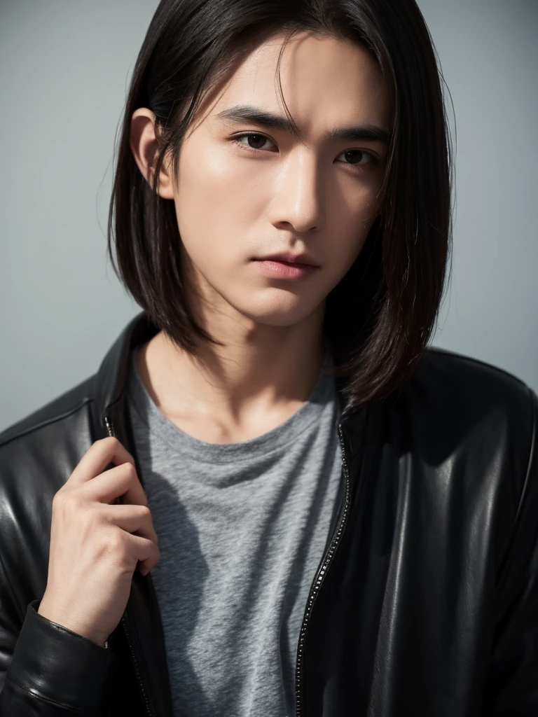 male, middle-aged, man, emaciated, pale skin, jacket, plain t-shirt, scrawny, tall, sanpaku, eyes half-closed, black eyes, black hair, center part,long bob, looking at viewer, frowning, puzzled, japanese, stubble, hooked nose, dry skin, hollow cheek, long face,