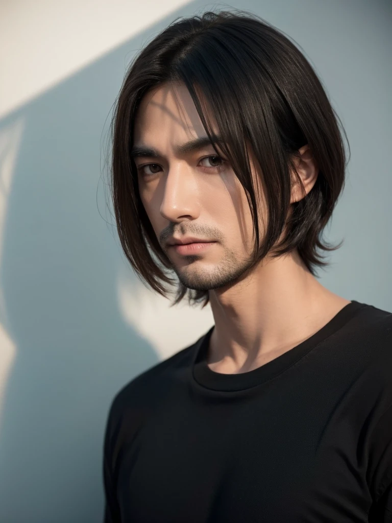 male, middle-aged, man, emaciated, pale skin, jacket, plain t-shirt, scrawny, tall, sanpaku, eyes half-closed, black eyes, black hair, center part,long bob, looking at viewer, frowning, puzzled, japanese, stubble, hooked nose, dry skin, hollow cheek, long face,