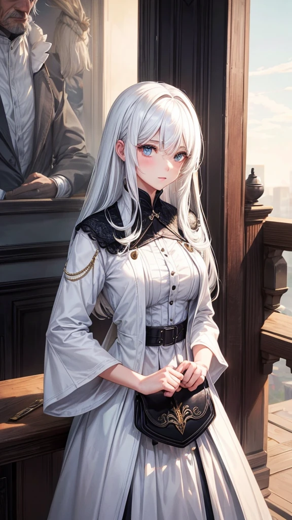 1 handsome girl with white hair, men's clothes, wearing a black hat