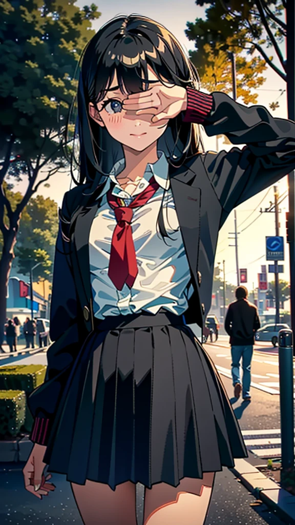 (8K, RAW Photos, 最high quality, masterpiece:1.2), high qualityのRAWカラー写真, Professional photo shoot, Cinematic Light, night、Late night、alone, (((young woman, Gal))), (Sharp features), (Small face), (Skin with attention to detail:1.2), clavicle, Cute face, Beautiful appearance, Long eyelashes,Girl Turning Around, smile, (Black Hair, Long straight line), high school student, Red tie, High School Uniform:1.2, Black jacket, Open jacket, Jacket cuff buttons, White shirt, Check skirt, night Park, Birds chirping, Embarrassing, sad, Artistic painting,Attractive thighs,  (A very fine touch:1.2), (Watery eye), sad雰囲気, Oil painting style, Dark colors, (Are standing:1.5, lean on a tree, ), Smooth texture, Gazing Eyes, Beautiful Skin, Shiny skin, ((Perfect Fingers, Five Fingers, Anatomically correct)), Background Blur, high quality, Surreal, ((Very detailed, photo shoot)),(Cover your eyes with your right hand)blush、(Many passersby)、Embarrassing、They hesitate、Looking down、orgasm、avert your eyes、Focus on the face、Very close distance、((Hide your face with one hand))、Open shirt、I can see her boobs、Beautiful Abs