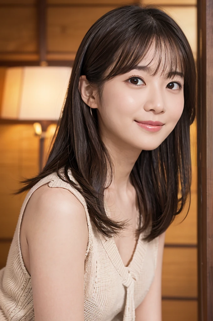 (Raw photo), (Photorealistic), (masterpiece), nude、Small 、whole body、Black pantyhose、Open your legs in an M shape、Old Japanese house(Highest quality), High resolution, 8K resolution, (Intricate details), (Volumetric Light), Professional Lighting、woman, 40 years, Mid-length hair, Straight Hair, Layered Hair, Brown haired, Highly detailed eyes, Very fine eyebrows, Highly detailed skin, Highly detailed mouth, Highly detailed nose, Cute like an idol, Smile, ((Thick lips)),