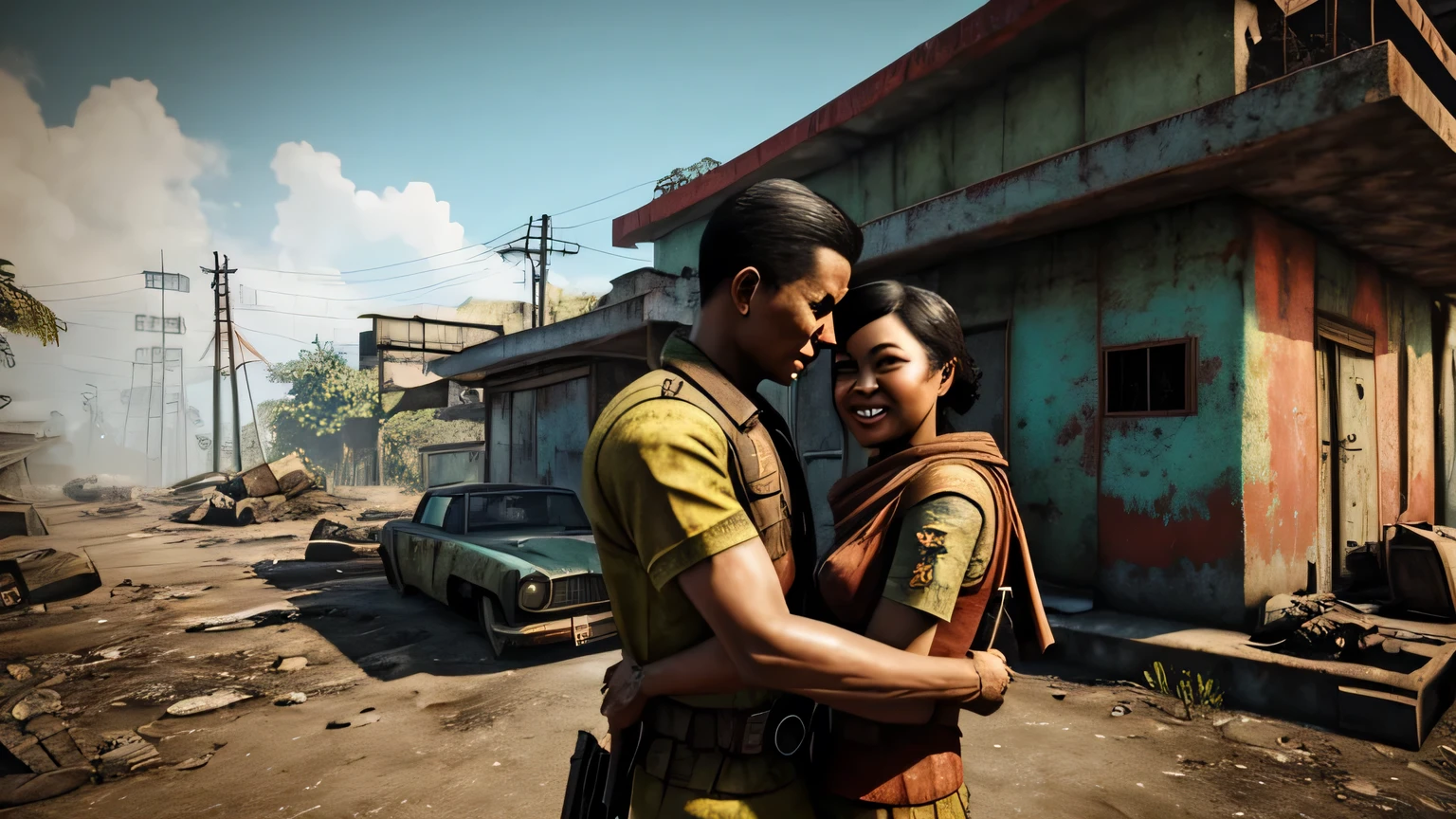 fallout, indonesia theme, post-apocalyptic, jakarta, nation, identic, vernacular, authentic, realistic, indonesia, fallout 4 style, a lovely couple hugging at each other trying showing love, detailed