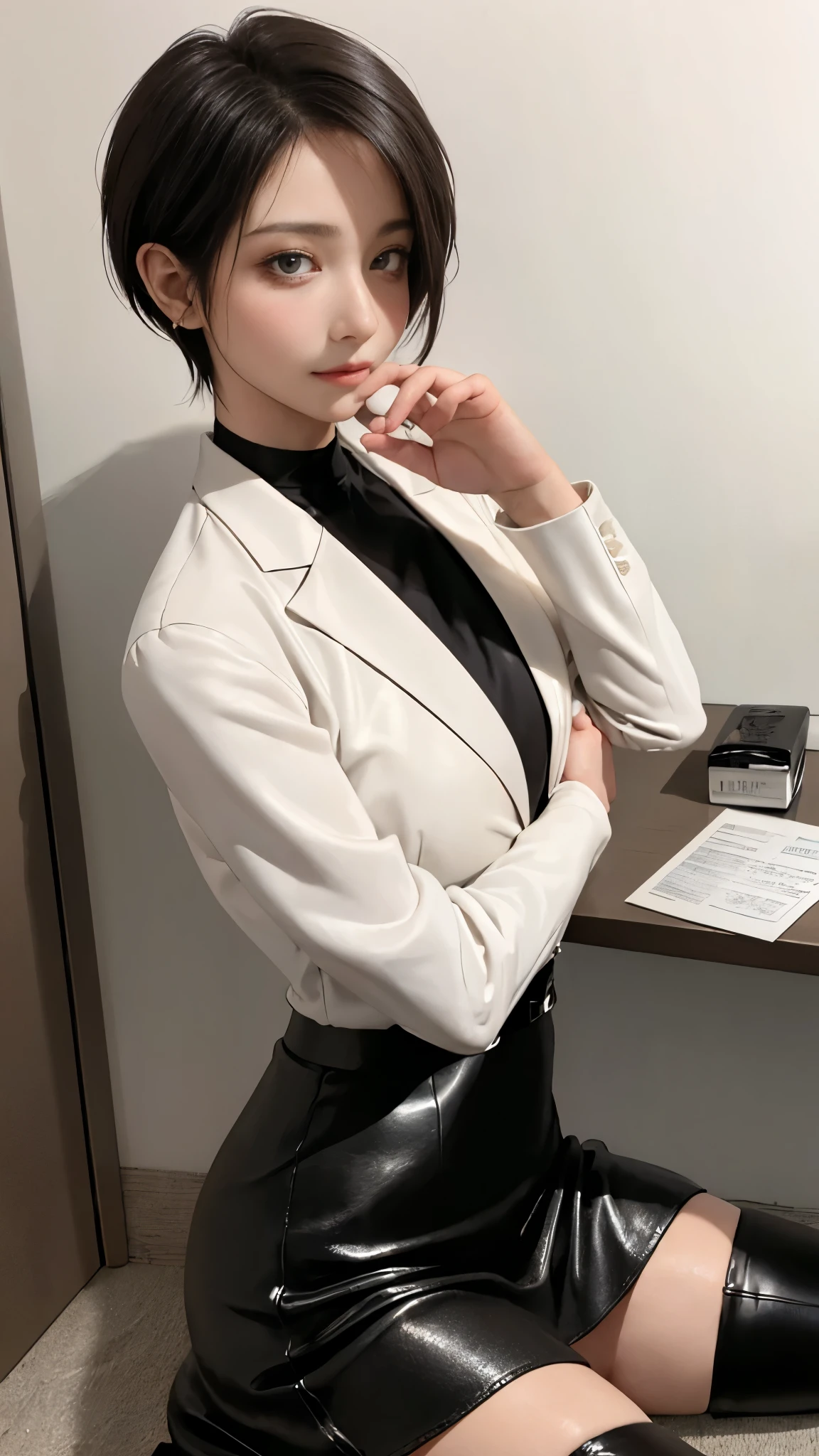 Woman walking in office hall, on a spoonful of alcohol, white walls, Gray table, posters on the wall,
(((masutepiece))), ((Best Quality)), ((intricate-detail)), ((hyper realisitic)), absurd res, A MILF, Small face、27-year-old woman, Perspective, Highly detailed, Illustration, 1girl in,(Big breasts), Perfect hands, Detailed fingers, Beautiful detailed eyes, Short hair, Brown eyes, vd, (business outfit:1.2), Blazer and slender lapel dress are the same color, Black leather tight skirt, Black Choker, earrings, Stockings, Detailed background, Bedroom, Perfect eyes, Seductive eyes, Looking at the viewer, from the front side、Angle from above、all-fours、1boy, penises、Falachio、, Woman sucking panis to the root、Angle from above