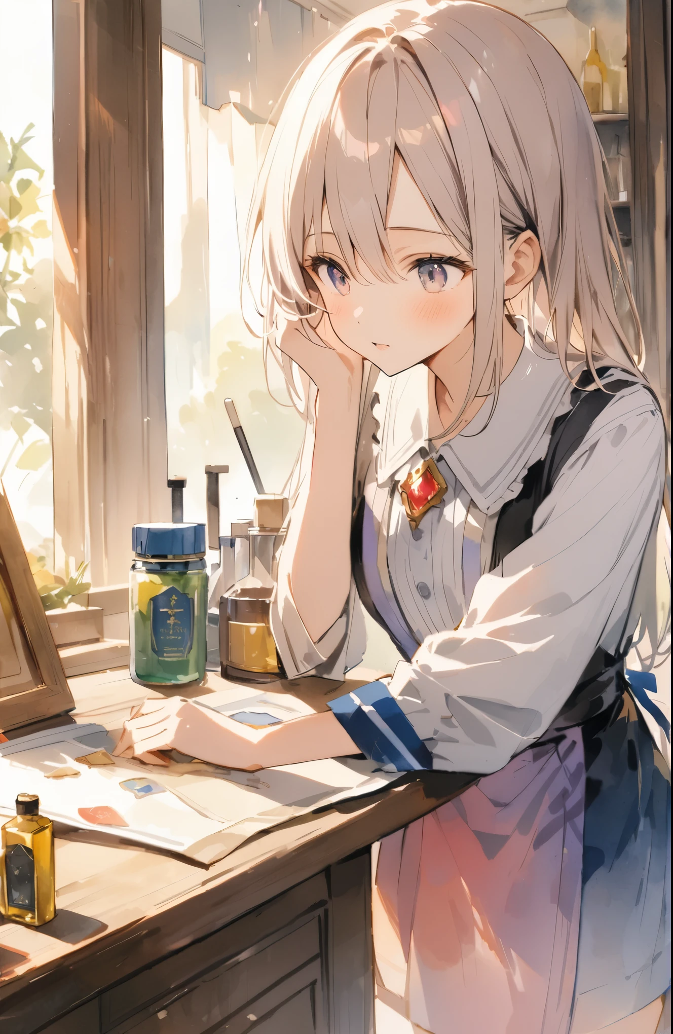 absurdres,watercolor,oil,超High resolution, Attention to detail, high quality, High resolution, 最high quality, 4K, 8K, Awards, (artwork)、Magical goods store clerk、Otherworldly fantasy、Lean forward against the counter、cute、18-year-old、(Another World Clerk's Costume:1.37)