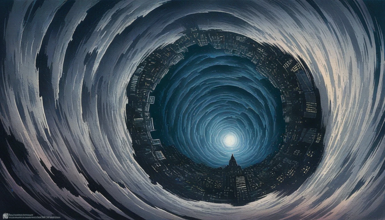 A surreal scene featuring a cityscape being engulfed by a massive, swirling vortex, with human figures twisted and ensnared inside, reminiscent of Junji Ito's "Uzumaki", high definition, high quality, detailed illustration, eerie, horror, manga, Junji Ito inspired, dark aesthetic, surreal and captivating, twisted reality, chilling atmosphere, macabre, hauntingly beautiful, realistic artwork by Junji Ito, trending on ArtStation, trending on CGSociety, sharp focus, dark and unsettling, intricate details capturing the horror of the scene.