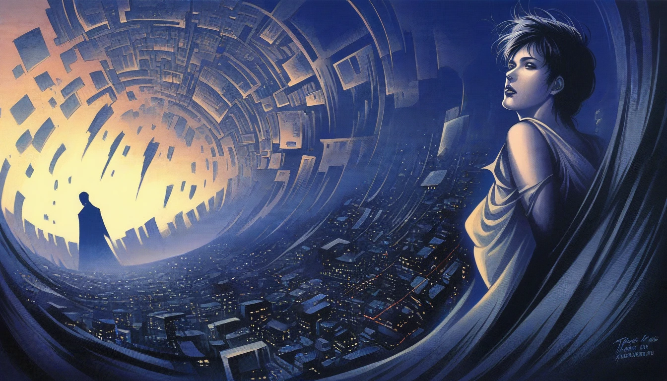 A surreal scene featuring a cityscape being engulfed by a massive, swirling vortex, with human figures twisted and ensnared inside, reminiscent of Junji Ito's "Uzumaki", high definition, high quality, detailed illustration, eerie, horror, manga, Junji Ito inspired, dark aesthetic, surreal and captivating, twisted reality, chilling atmosphere, macabre, hauntingly beautiful, realistic artwork by Junji Ito, trending on ArtStation, trending on CGSociety, sharp focus, dark and unsettling, intricate details capturing the horror of the scene.