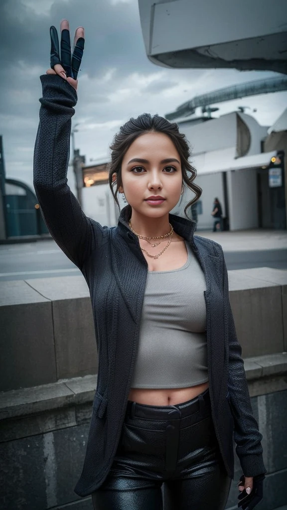 (masterpiece, best quality), beautiful woman, detailed sleeveless turtleneck top, pants, necklace, wavy hair, perfect face, beautiful face, alluring, big gorgeous eyes, open mouth, happy, perfect slim fit body, (outdoor), city streets, new york, bright colors