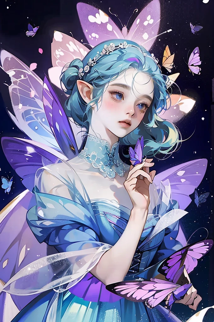 There are butterfly wings、Wearing a blue dress、Anime girl holding a butterfly，Beautiful young elf，