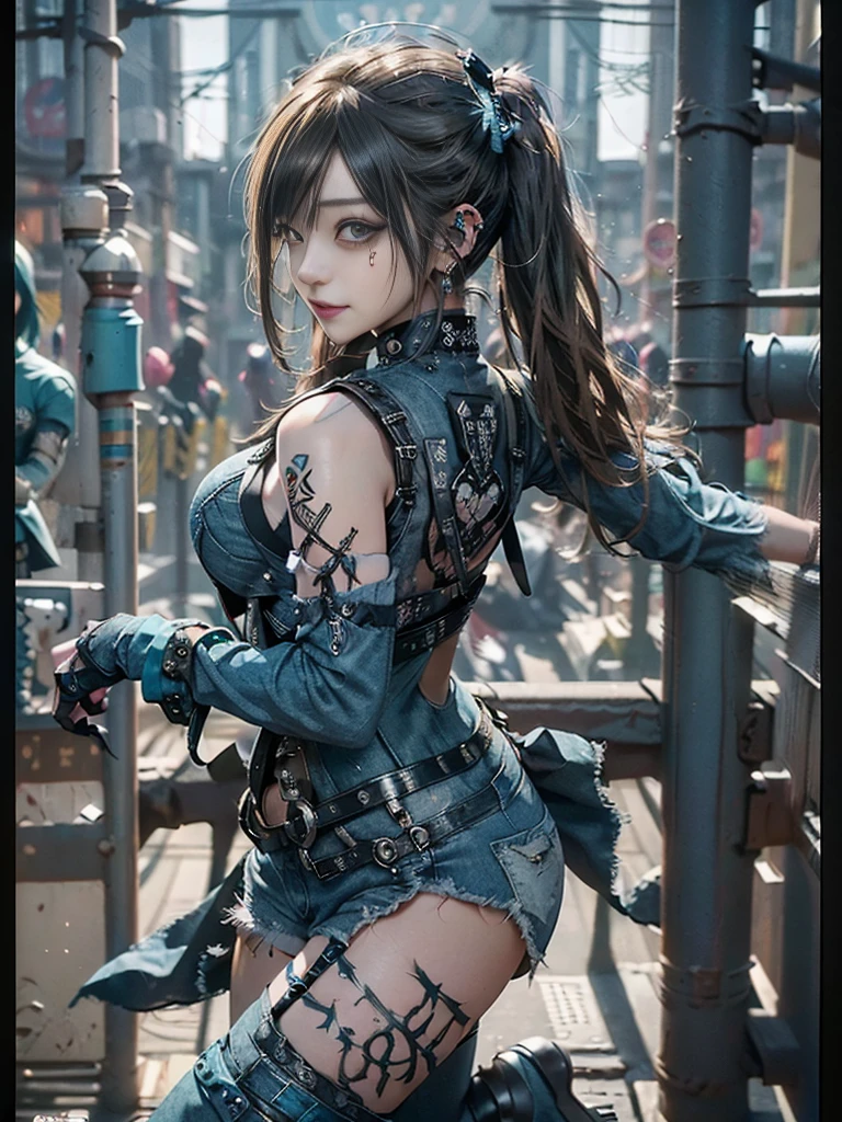 (squat:1.2)、(Smiling with teeth showing:1.3),(Shibuya Gal:1.5)、(Beautiful:1.4)、(Neo-Goth Fashion:1.5)、(Punk RockVisual Kei:1.3)、(Futuristic turquoise, denim and navy blue bodysuit:1.5)、(Delicate denim and turquoise cardigan:1.5)、(Gorgeous decorated corset:1.4)、(Navy denim garter belt:1.5)、(Denim, navy and white cargo pants:1.3)、(Heart-shaped silver accessories:1.5)、(Brown Skin Belt:1.4)、(Blue High Heels:1.4)、(Lace underwear:1.4)、20-year-old、Browsing Caution,((Highest quality、In 8K、masterpiece:1.3))、Sharp focus:1.2、(Layered Cut、Huge breasts:1.1),Beautiful woman with perfect figure:1.4、(Dance vigorously:1.3)、Slim Abs:1.2、Butt、Highly detailed face and skin texture、Fine grain、double eyelid,(Twin tails:1.3)、(Brown blonde:1.3)、Obscene、Idol Sculpture、(In the background is a gorgeous medieval metropolis on a sunny day:1.3)、(Slimming your legs:1.4)、(The body is slim:1.3)、(clavicle:1.1)