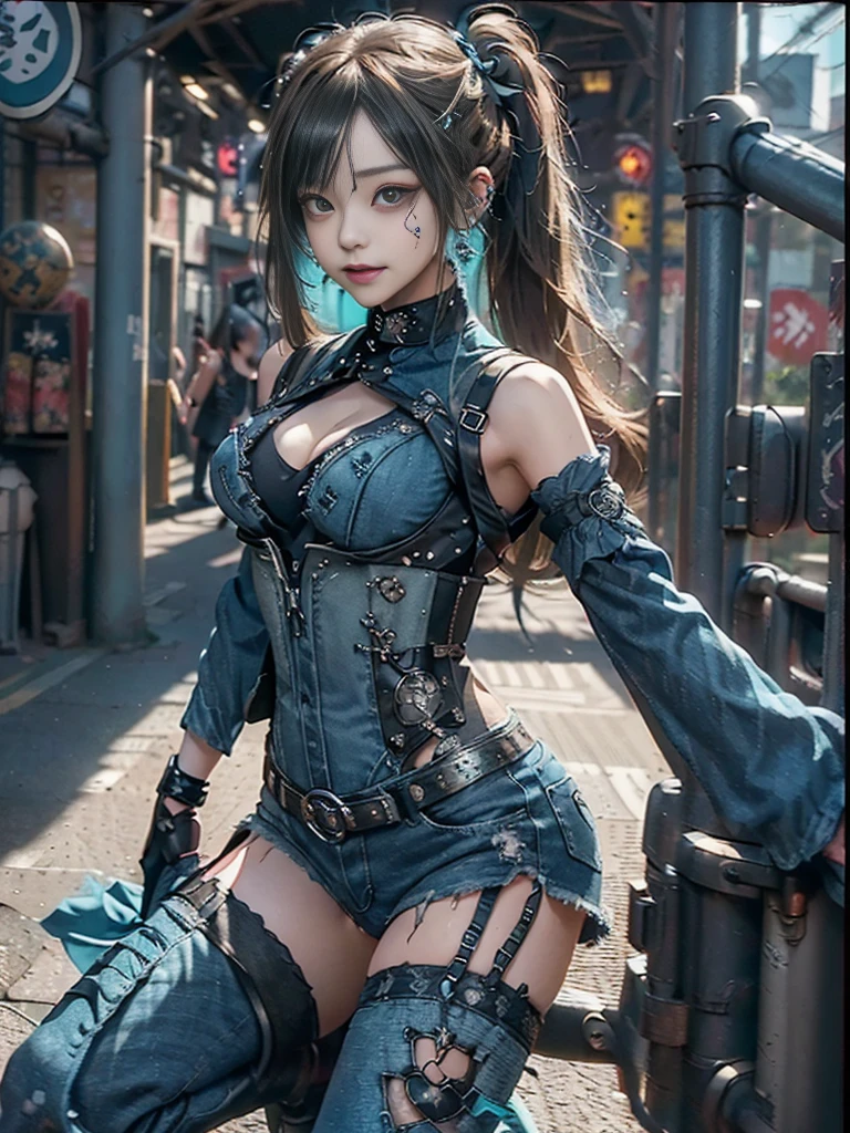 (squat:1.2)、(Smiling with teeth showing:1.3),(Shibuya Gal:1.5)、(Beautiful:1.4)、(Neo-Goth Fashion:1.5)、(Punk RockVisual Kei:1.3)、(Futuristic turquoise, denim and navy blue bodysuit:1.5)、(Delicate denim and turquoise cardigan:1.5)、(Gorgeous decorated corset:1.4)、(Navy denim garter belt:1.5)、(Denim, navy and white cargo pants:1.3)、(Heart-shaped silver accessories:1.5)、(Brown Skin Belt:1.4)、(Blue High Heels:1.4)、(Lace underwear:1.4)、20-year-old、Browsing Caution,((Highest quality、In 8K、masterpiece:1.3))、Sharp focus:1.2、(Layered Cut、Huge breasts:1.1),Beautiful woman with perfect figure:1.4、(Dance vigorously:1.3)、Slim Abs:1.2、Butt、Highly detailed face and skin texture、Fine grain、double eyelid,(Twin tails:1.3)、(Brown blonde:1.3)、Obscene、Idol Sculpture、(In the background is a gorgeous medieval metropolis on a sunny day:1.3)、(Slimming your legs:1.4)、(The body is slim:1.3)、(clavicle:1.1)