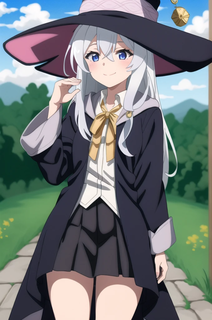 "Depict Elaina from 'Wandering Witch: The Journey of Elaina' wearing a female Soviet general outfit. The outfit should include a tailored military jacket with gold epaulets, a high-collared blouse, a knee-length skirt, and polished knee-high boots. She should also wear a military cap adorned with a red star. Elements to include: tall body, tall, long legs, mature female, mature, adult. Features of Elaina: Eft_elaina, elaina (majo no tabitabi), 1girl, hat, solo, witch hat, smile, shirt, blue eyes, long hair, robe, white shirt, black headwear, hair between eyes, collared shirt, long sleeves, black robe, bangs, ribbon, skirt, bow, braid, closed mouth, white hair, looking at viewer, witch, yellow ribbon, open clothes, neck ribbon, blush, grey hair, black skirt, open robe, ahoge, upper body, yellow bow, skirt. The background should feature a beautiful scene, outdoors with a clear blue sky, trees, and clouds."