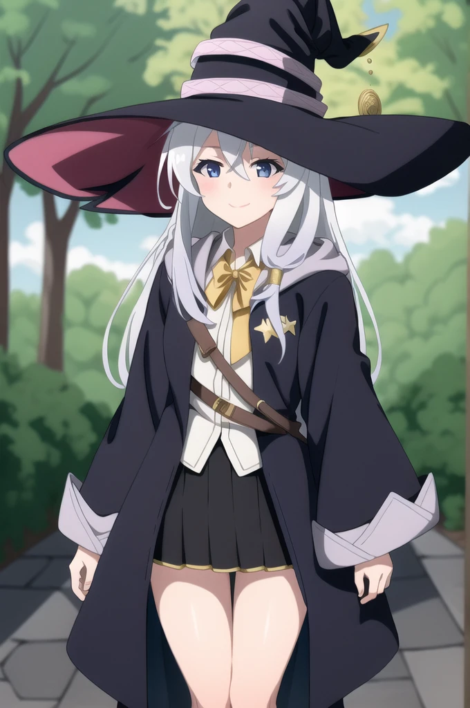 "Depict Elaina from 'Wandering Witch: The Journey of Elaina' wearing a female Soviet general outfit. The outfit should include a tailored military jacket with gold epaulets, a high-collared blouse, a knee-length skirt, and polished knee-high boots. She should also wear a military cap adorned with a red star. Elements to include: tall body, tall, long legs, mature female, mature, adult. Features of Elaina: Eft_elaina, elaina (majo no tabitabi), 1girl, hat, solo, witch hat, smile, shirt, blue eyes, long hair, robe, white shirt, black headwear, hair between eyes, collared shirt, long sleeves, black robe, bangs, ribbon, skirt, bow, braid, closed mouth, white hair, looking at viewer, witch, yellow ribbon, open clothes, neck ribbon, blush, grey hair, black skirt, open robe, ahoge, upper body, yellow bow, skirt. The background should feature a beautiful scene, outdoors with a clear blue sky, trees, and clouds."