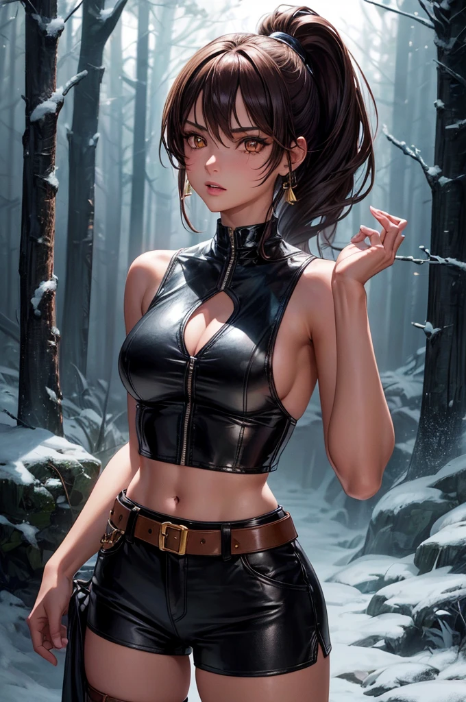 Creating an illustration of a girl in her thirties, short brown ponytail, golden eyes, tanned skin, no breasts. she's wearing a leather harness, white sleeveless t-shirt, black fabric short, leather belt, make full body - she's walking in a night forest - digital art style