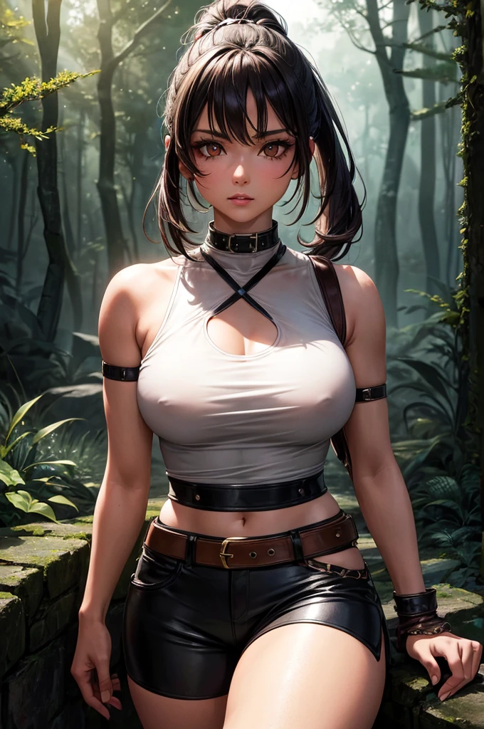 a beautiful young girl with a short brown ponytail, golden eyes, and tanned skin, without breasts, wearing a leather harness, white sleeveless t-shirt, and black fabric shorts with a leather belt, standing in a night forest, (best quality,4k,8k,highres,masterpiece:1.2),ultra-detailed,detailed eyes,detailed lips,extremely detailed face,longeyelashes,detailed clothing,detailed leather accessories,night forest,moonlight,dramatic lighting,moody atmosphere,highly detailed,cinematic,