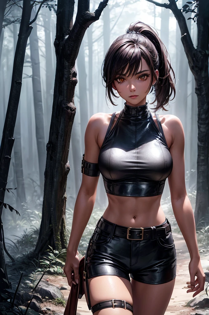 a beautiful young girl with a short brown ponytail, golden eyes, and tanned skin, without breasts, wearing a leather harness, white sleeveless t-shirt, and black fabric shorts with a leather belt, standing in a night forest, (best quality,4k,8k,highres,masterpiece:1.2),ultra-detailed,detailed eyes,detailed lips,extremely detailed face,longeyelashes,detailed clothing,detailed leather accessories,night forest,moonlight,dramatic lighting,moody atmosphere,highly detailed,cinematic,